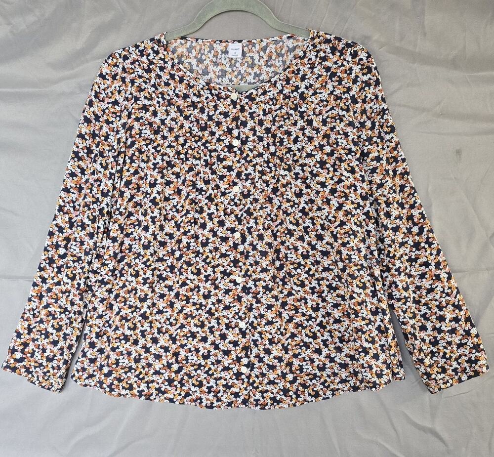Old Navy Blouse Womens Medium Blue Floral Henley Pleat Long Sleeve Top